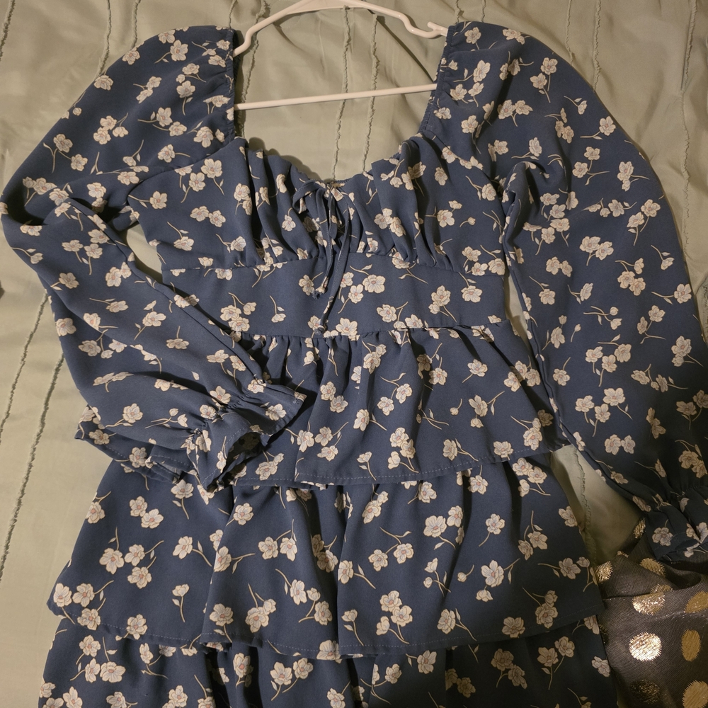 Floral Blue Long Sleeve Dress
